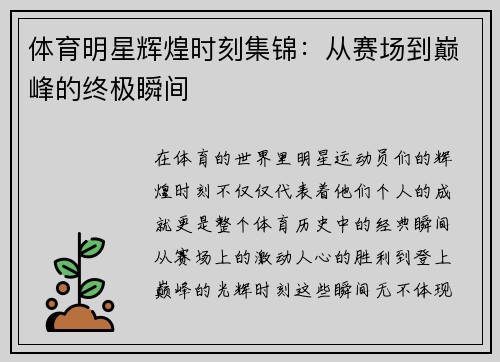 体育明星辉煌时刻集锦：从赛场到巅峰的终极瞬间