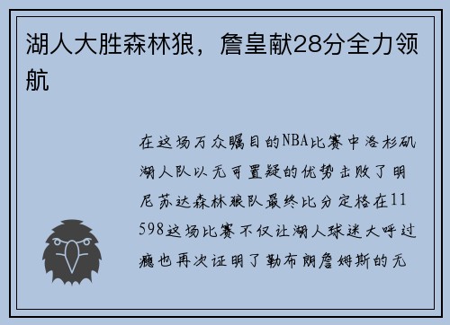 湖人大胜森林狼，詹皇献28分全力领航
